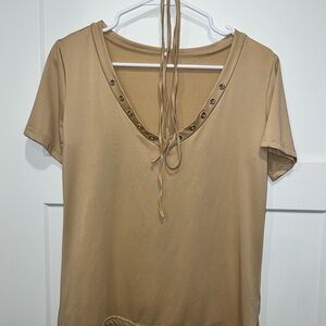 SHEIN Tan Eyelet V-Neck Short Sleeve Top